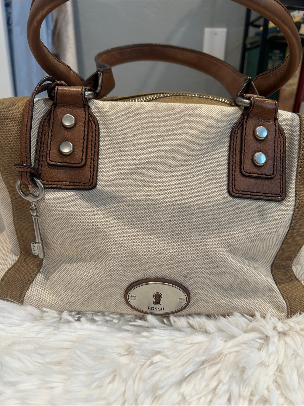 Fossil Cream Canvas Satchel with Brown Leather Trim